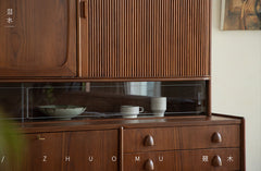 mid century teak sideboard, tambour door cabinet, solid wood credenza, handcrafted teak furniture, mcm buffet, designer teak cabinet, vintage teak sideboard, roll door wood cabinet, handmade solid wood furniture