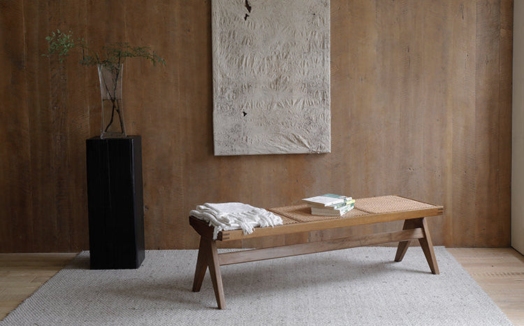 chandigarh bench, handwoven rattan bench, solid wood furniture, japanese minimalist bench, handcrafted wooden bench, entryway seating, sustainable rattan furniture, piexlculpt studio, wabi sabi bench