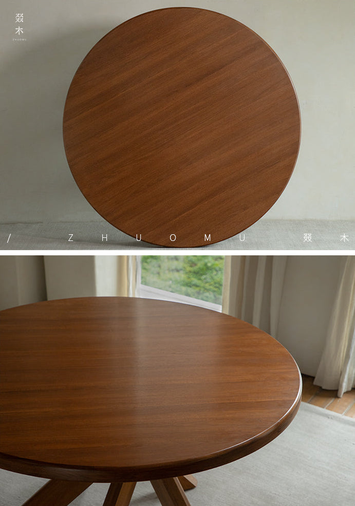 nami dining table, round teak table, solid wood table, wabi sabi furniture, japanese minimalist dining table, handcrafted round table, piexlculpt studio, zen furniture, french vintage design, teak dining table