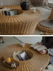 rattan tea set, rattan table and chairs, handwoven rattan furniture, round rattan table, bamboo tea table set, natural rattan decor, japanese tatami furniture, boho rattan furniture, artisan rattan set