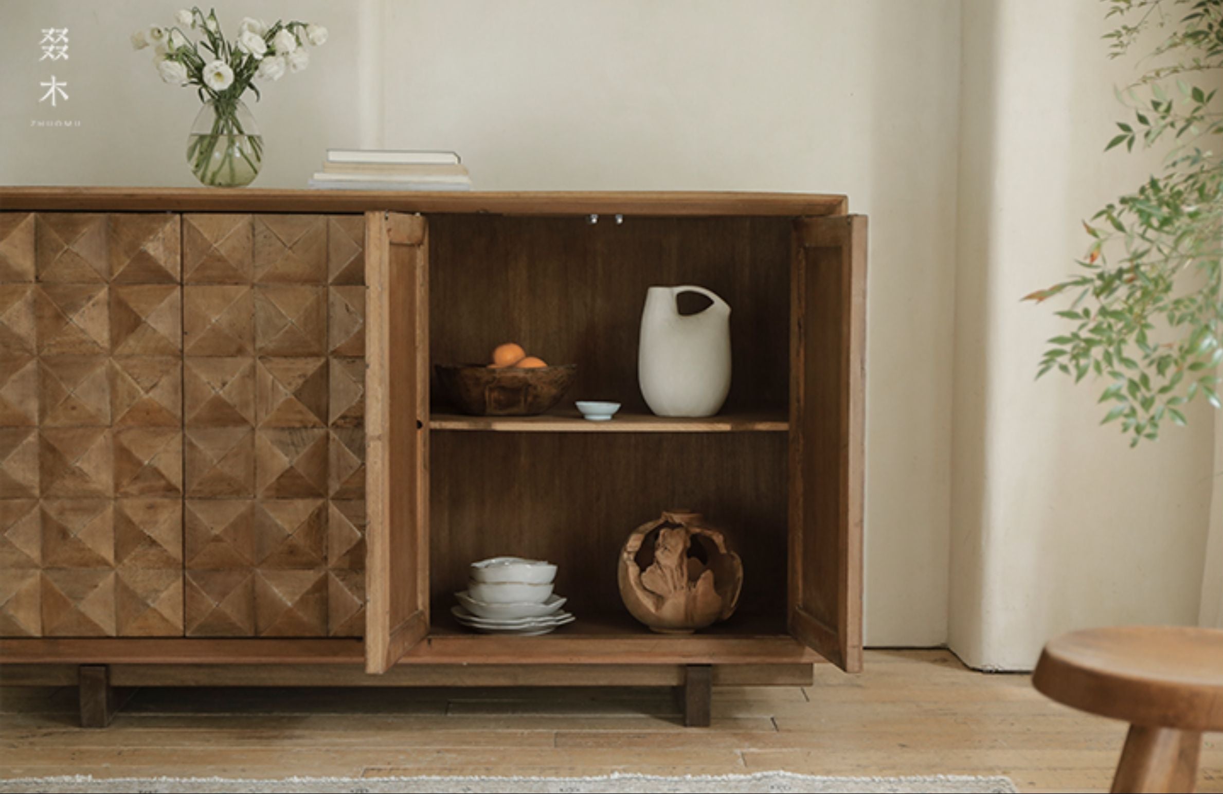 carved wood sideboard, solid wood cabinet, geometric furniture, handcrafted buffet, artisan storage cabinet, minimalist wood furniture, wabi-sabi sideboard, boho home furniture, modern natural wood cabinet