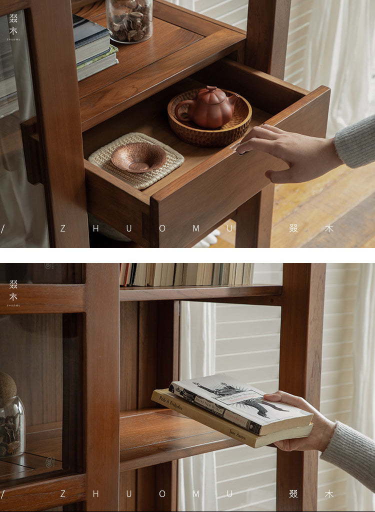 teak glass cabinet, solid wood display shelf, handcrafted teak furniture, glass door cabinet, artisan teak bookcase, minimalist wood furniture, wabi-sabi cabinet, boho wood storage, japanese scandi furniture