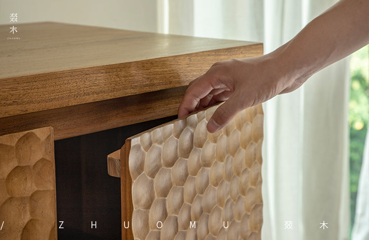 ripple wood cabinet, teak sideboard, solid wood buffet, handcrafted teak furniture, textured wood cabinet, artisan carved sideboard, wabi-sabi furniture, boho wood furniture, japanese scandi teak, handmade wooden buffet