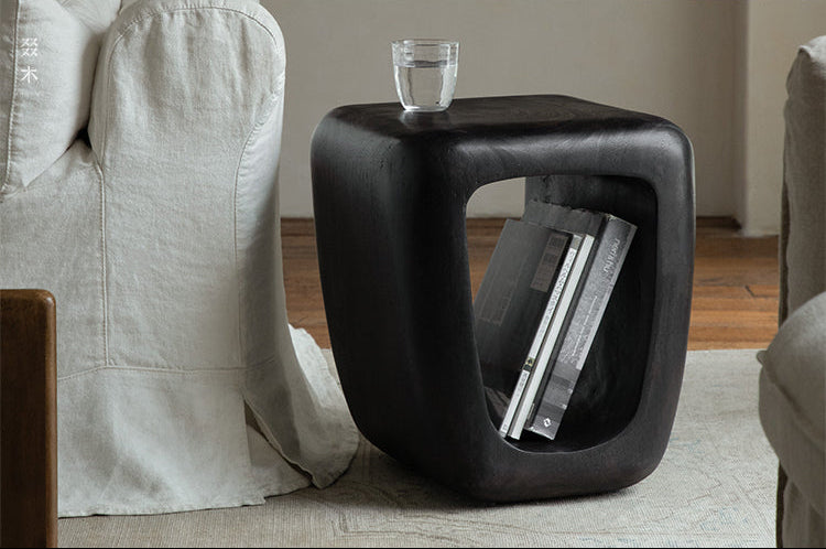 void side table, hollow wood stool, sculptural wood furniture, solid wood table, carbon black finish, minimalist furniture, wabi sabi design, piexlculpt studio, organic form furniture