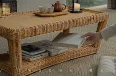 rattan coffee table, rattan tea table, handwoven rattan furniture, bamboo table, natural rattan decor, double layer coffee table, japanese wabi-sabi furniture, handcrafted rattan table, boho living room decor