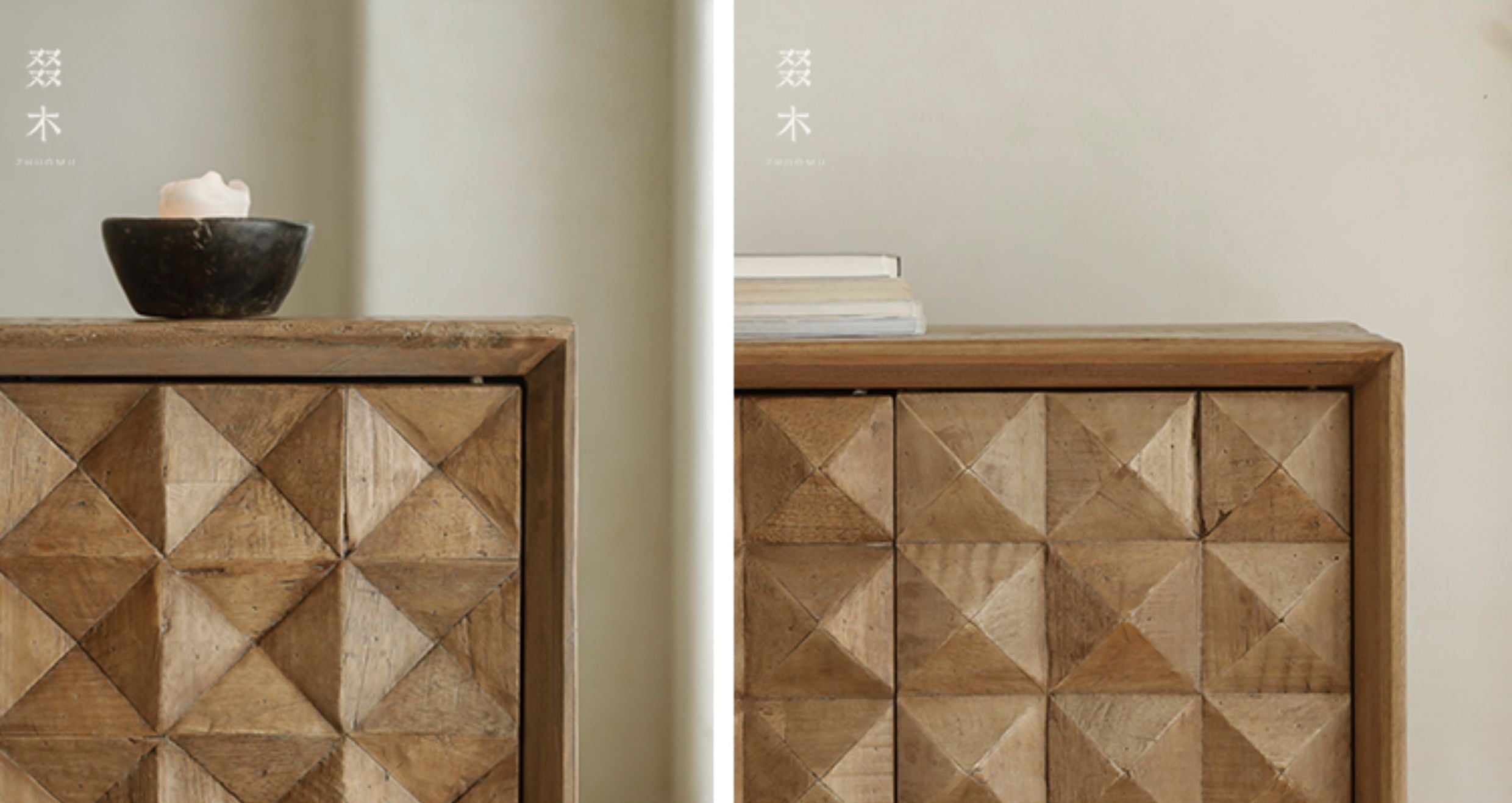 carved wood sideboard, solid wood cabinet, geometric furniture, handcrafted buffet, artisan storage cabinet, minimalist wood furniture, wabi-sabi sideboard, boho home furniture, modern natural wood cabinet