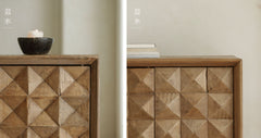 carved wood sideboard, solid wood cabinet, geometric furniture, handcrafted buffet, artisan storage cabinet, minimalist wood furniture, wabi-sabi sideboard, boho home furniture, modern natural wood cabinet