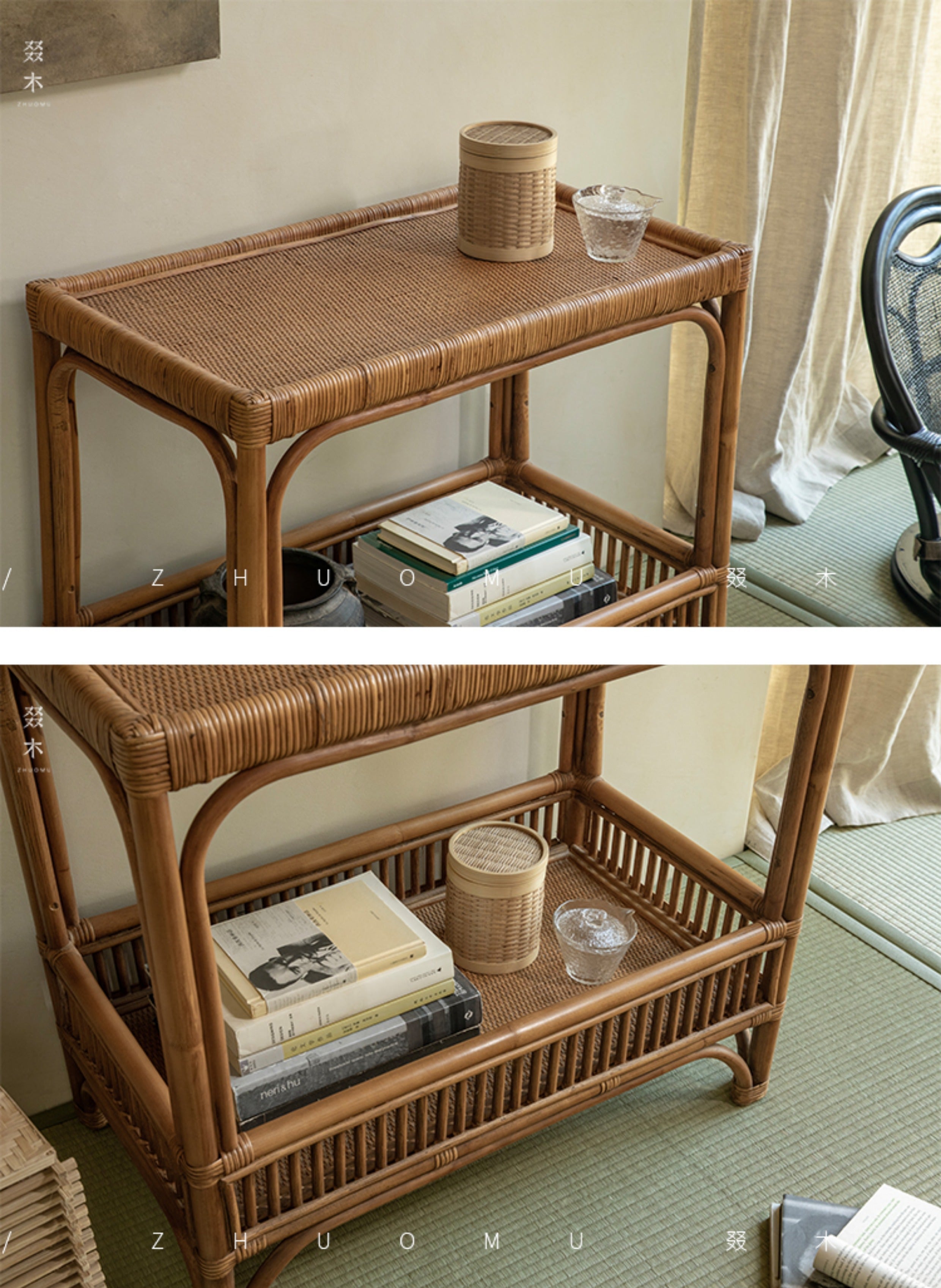 rattan console table, rattan side table, double tier rattan shelf, handwoven rattan furniture, natural rattan table, bohemian console, wabi-sabi decor, handmade rattan console, bamboo rattan furniture,