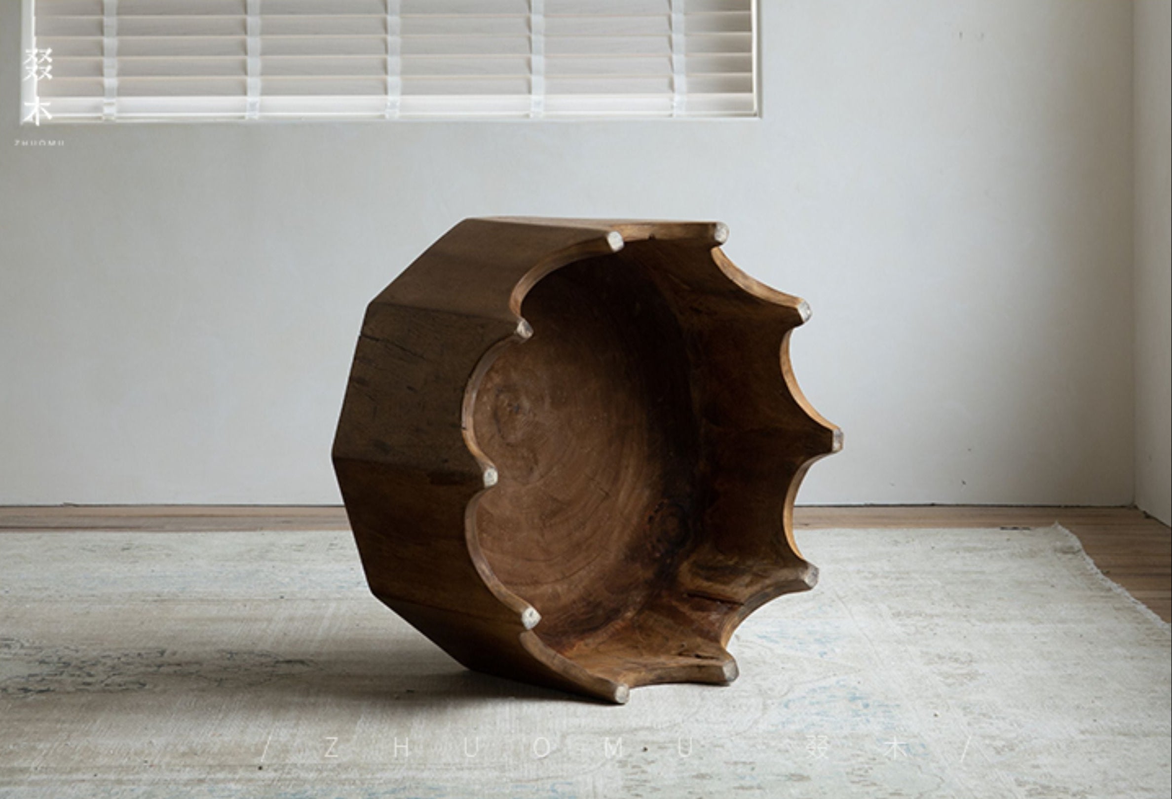 solid wood side table, handcrafted accent table, octagon round table, natural wood furniture, sculptural coffee table, wabi-sabi furniture, minimalist teak side table, artisan wooden table, japanese scandi furniture