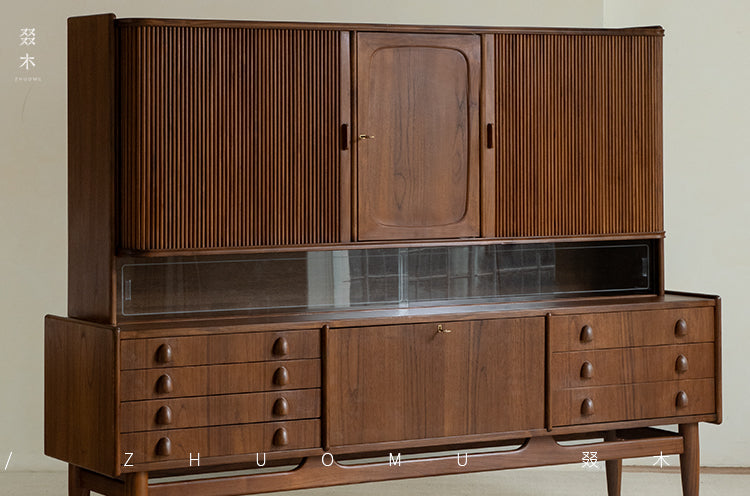 mid century teak sideboard, tambour door cabinet, solid wood credenza, handcrafted teak furniture, mcm buffet, designer teak cabinet, vintage teak sideboard, roll door wood cabinet, handmade solid wood furniture