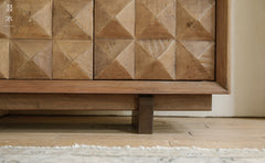 carved wood sideboard, solid wood cabinet, geometric furniture, handcrafted buffet, artisan storage cabinet, minimalist wood furniture, wabi-sabi sideboard, boho home furniture, modern natural wood cabinet