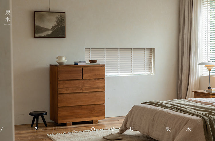 teak chest of drawers, solid wood dresser, handcrafted storage cabinet, minimalist wood furniture, artisan teak furniture, wabi-sabi furniture, handmade wooden dresser, natural teak cabinet, japanese scandi furniture