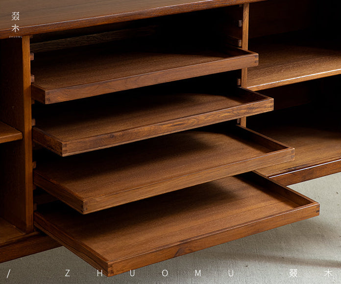 tambour sideboard, teak media console, mid century teak cabinet, teak sideboard, roll door cabinet, danish modern furniture, handcrafted wood furniture, teak buffet cabinet, piexl sculpt studio