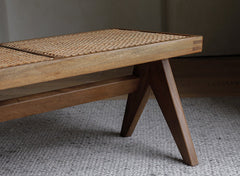 chandigarh bench, handwoven rattan bench, solid wood furniture, japanese minimalist bench, handcrafted wooden bench, entryway seating, sustainable rattan furniture, piexlculpt studio, wabi sabi bench