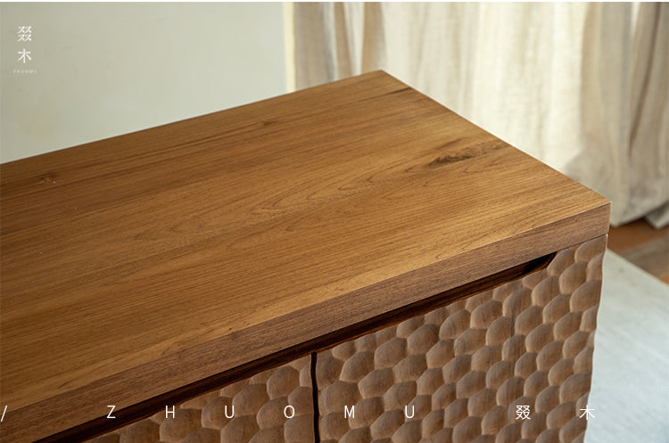 ripple wood cabinet, teak sideboard, solid wood buffet, handcrafted teak furniture, textured wood cabinet, artisan carved sideboard, wabi-sabi furniture, boho wood furniture, japanese scandi teak, handmade wooden buffet