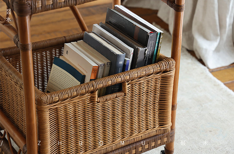 rattan trolley, rattan storage cart, handwoven rattan furniture, natural rattan shelf, bohemian home decor, rolling storage cart, handcrafted rattan organizer, rattan side cart
