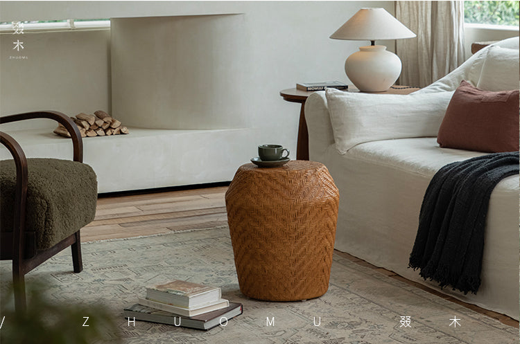 rattan side table, round rattan table, rattan stool, handwoven rattan furniture, bamboo accent table, natural rattan decor, boho rattan furniture, artisan rattan table, southeast asian furniture, japanese wabi-sabi decor