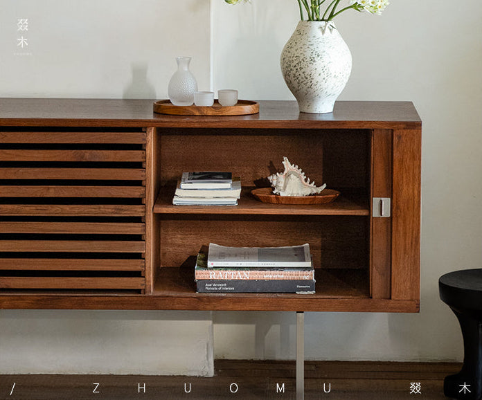 tambour sideboard, teak media console, mid century teak cabinet, teak sideboard, roll door cabinet, danish modern furniture, handcrafted wood furniture, teak buffet cabinet, piexl sculpt studio