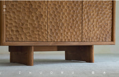 ripple wood cabinet, teak sideboard, solid wood buffet, handcrafted teak furniture, textured wood cabinet, artisan carved sideboard, wabi-sabi furniture, boho wood furniture, japanese scandi teak, handmade wooden buffet