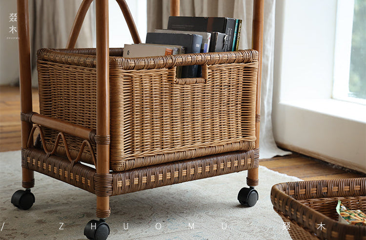 rattan trolley, rattan storage cart, handwoven rattan furniture, natural rattan shelf, bohemian home decor, rolling storage cart, handcrafted rattan organizer, rattan side cart