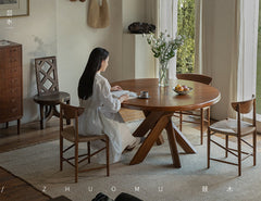 nami dining table, round teak table, solid wood table, wabi sabi furniture, japanese minimalist dining table, handcrafted round table, piexlculpt studio, zen furniture, french vintage design, teak dining table