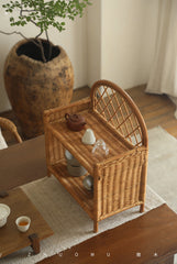 rattan shelf, rattan storage rack, handwoven rattan organizer, bamboo shelf, natural rattan furniture, double layer rack, vintage rattan decor, handcrafted rattan shelf, boho home organizer, artisan rattan storage