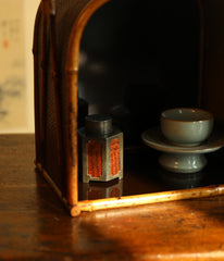 bamboo tea chest, handcrafted tea storage, bamboo tea cabinet, oriental tea furniture, wabi sabi tea chest, portable tea box, rattan bamboo chest, vintage tea organizer, bamboo tea accessories, Piexlculpt tea furniture