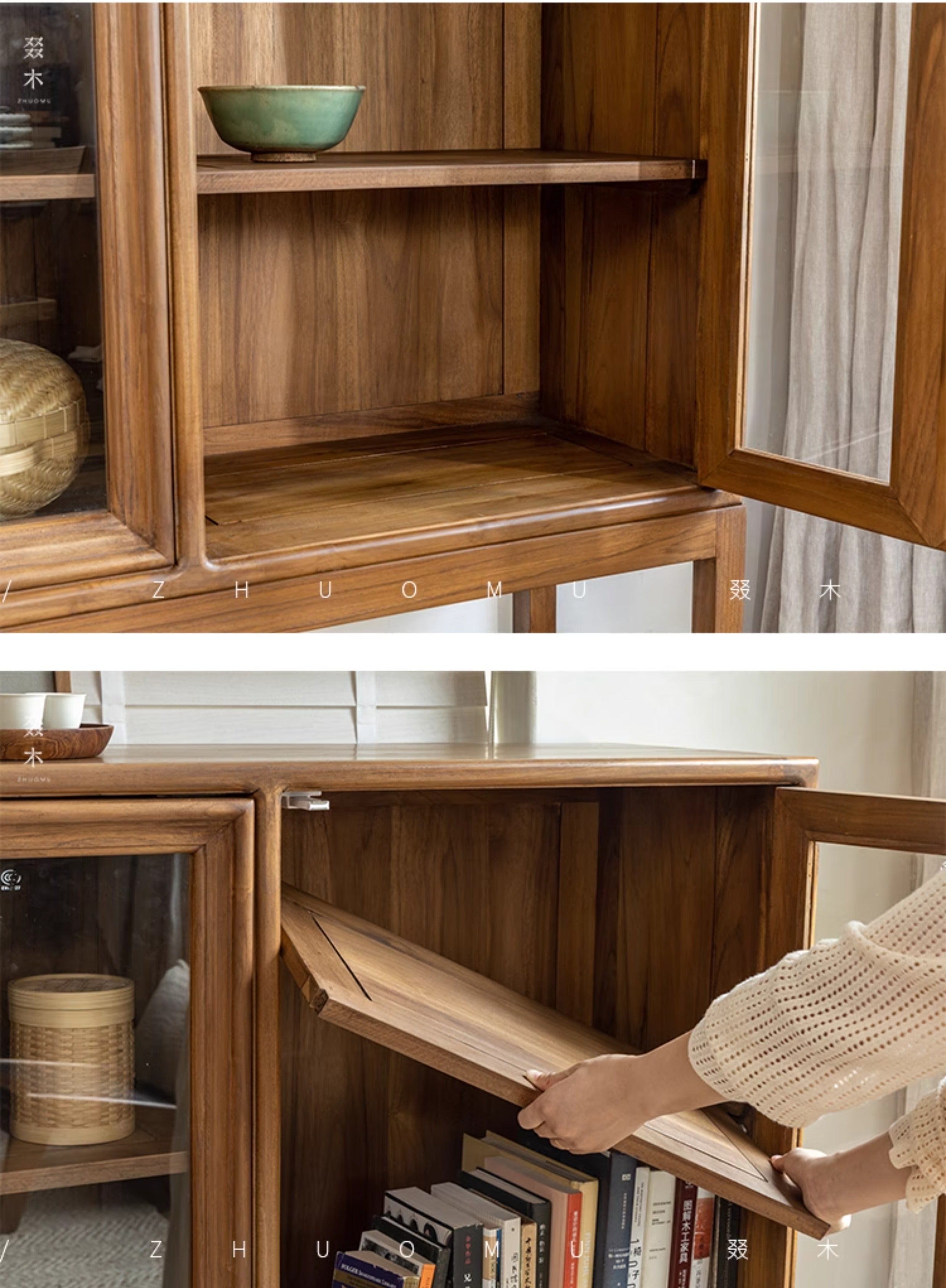 teak glass cabinet, high-leg display cabinet, solid wood showcase, handcrafted teak furniture, artisan wood cabinet, minimalist glass cabinet, wabi-sabi furniture, vintage teak display case, japanese scandi teak