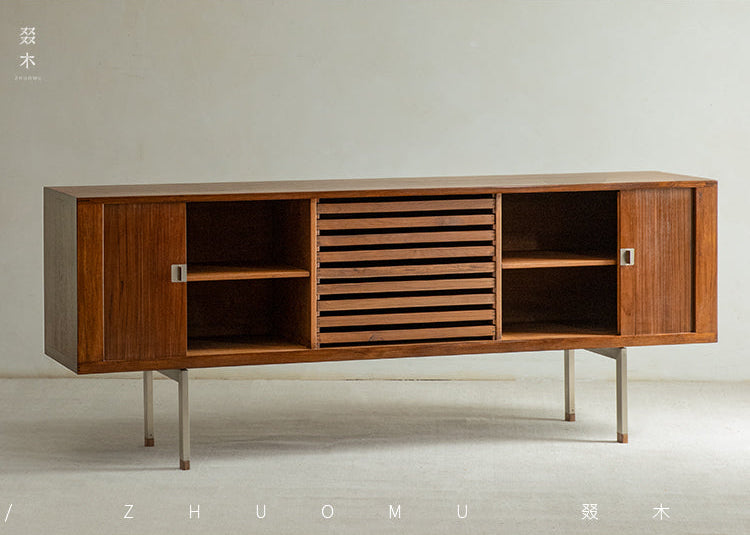 tambour sideboard, teak media console, mid century teak cabinet, teak sideboard, roll door cabinet, danish modern furniture, handcrafted wood furniture, teak buffet cabinet, piexl sculpt studio