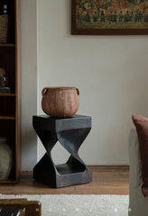twist side table, sculptural wood stool, solid wood side table, carbon black furniture, wabi sabi furniture, minimalist furniture, piexlculpt studio, wooden pedestal table, organic design