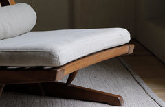 naka lounge chair, japanese recliner, wabi sabi furniture, george nakashima chair, solid wood armchair, minimalist wood chair, handmade wooden furniture, linen cushion chair, modern japanese furniture, piexlculpt