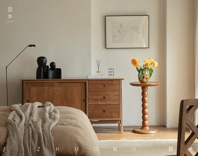 teak sideboard, sliding door buffet, solid wood cabinet, handcrafted teak furniture, minimalist dining storage, artisan wood furniture, wabi-sabi furniture, modern teak buffet, handmade solid wood sideboard