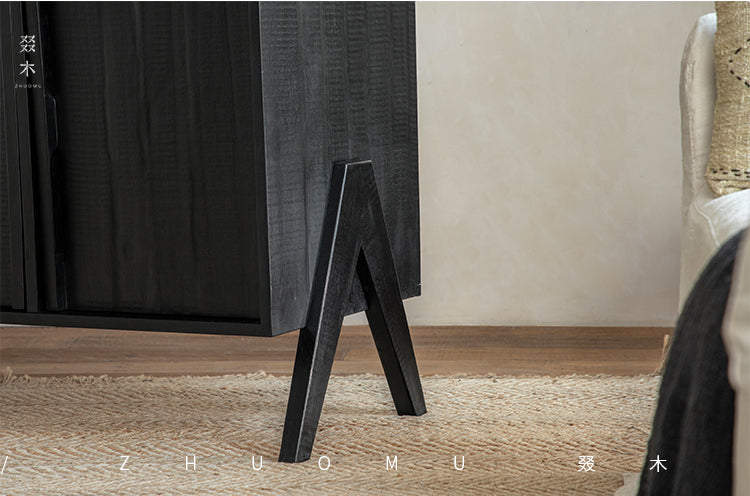 black wood furniture, carbonized sideboard, wabi sabi cabinet, handcrafted credenza, modern black buffet, carbonized teak, minimalist furniture, piexlculpt