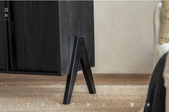 black wood furniture, carbonized sideboard, wabi sabi cabinet, handcrafted credenza, modern black buffet, carbonized teak, minimalist furniture, piexlculpt