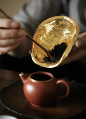 turtle shell tea scoop, handcrafted tea utensil, silver inlay tea tool, golden edge bamboo tea scoop, wooden tea accessories, gongfu tea ceremony, artisan tea ware, tea leaf holder, Piexlculpt Studio, wood engraving art