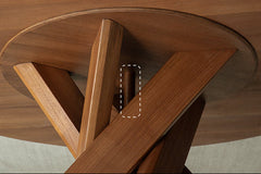 nami dining table, round teak table, solid wood table, wabi sabi furniture, japanese minimalist dining table, handcrafted round table, piexlculpt studio, zen furniture, french vintage design, teak dining table