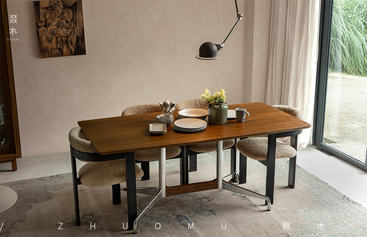 eiri dining table, solid wood dining table, metal frame table, japanese minimalist furniture, modern wabi sabi furniture, handcrafted long table, piexlculpt studio, scandinavian japanese design, solid wood work desk