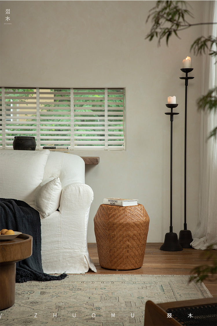 rattan side table, round rattan table, rattan stool, handwoven rattan furniture, bamboo accent table, natural rattan decor, boho rattan furniture, artisan rattan table, southeast asian furniture, japanese wabi-sabi decor