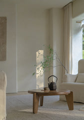 kiyo coffee table, round tea table, solid wood wabi sabi furniture, japanese minimalist furniture, zen table, handcrafted wooden table, low table, piexlculpt studio, natural oak coffee table, modern wabi sabi decor