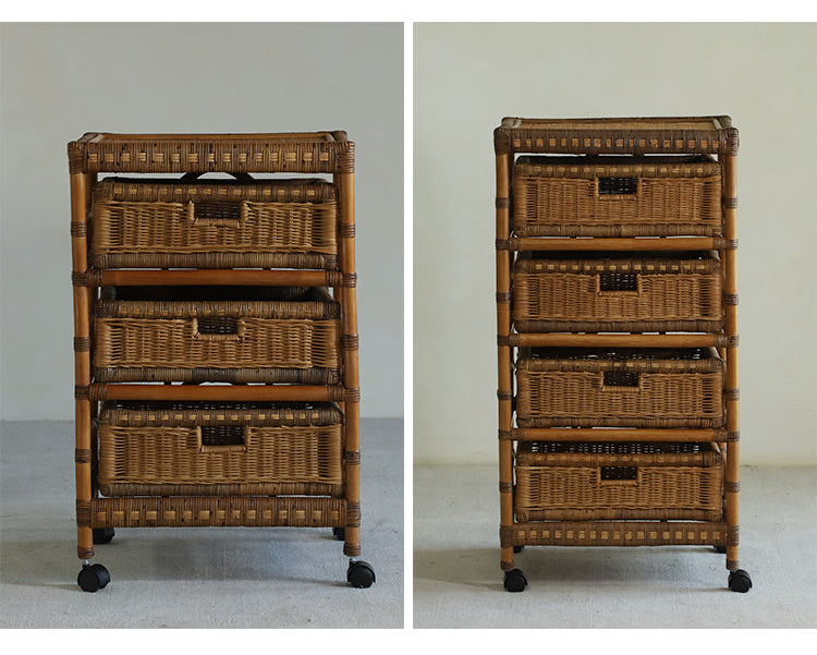 rattan trolley, rattan storage cart, handwoven rattan furniture, natural rattan shelf, bohemian home decor, rolling storage cart, handcrafted rattan organizer, rattan side cart