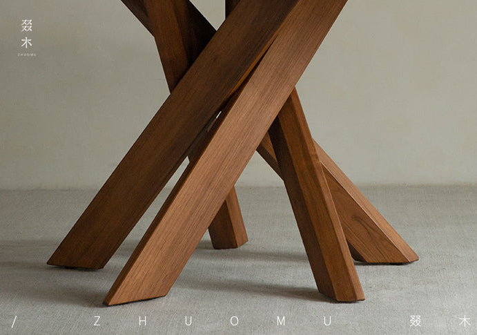 nami dining table, round teak table, solid wood table, wabi sabi furniture, japanese minimalist dining table, handcrafted round table, piexlculpt studio, zen furniture, french vintage design, teak dining table