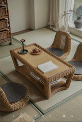 rattan coffee table, rattan tea table, handwoven rattan furniture, bamboo table, natural rattan decor, double layer coffee table, japanese wabi-sabi furniture, handcrafted rattan table, boho living room decor