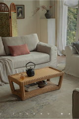 rattan coffee table, rattan tea table, handwoven rattan furniture, bamboo table, natural rattan decor, double layer coffee table, japanese wabi-sabi furniture, handcrafted rattan table, boho living room decor