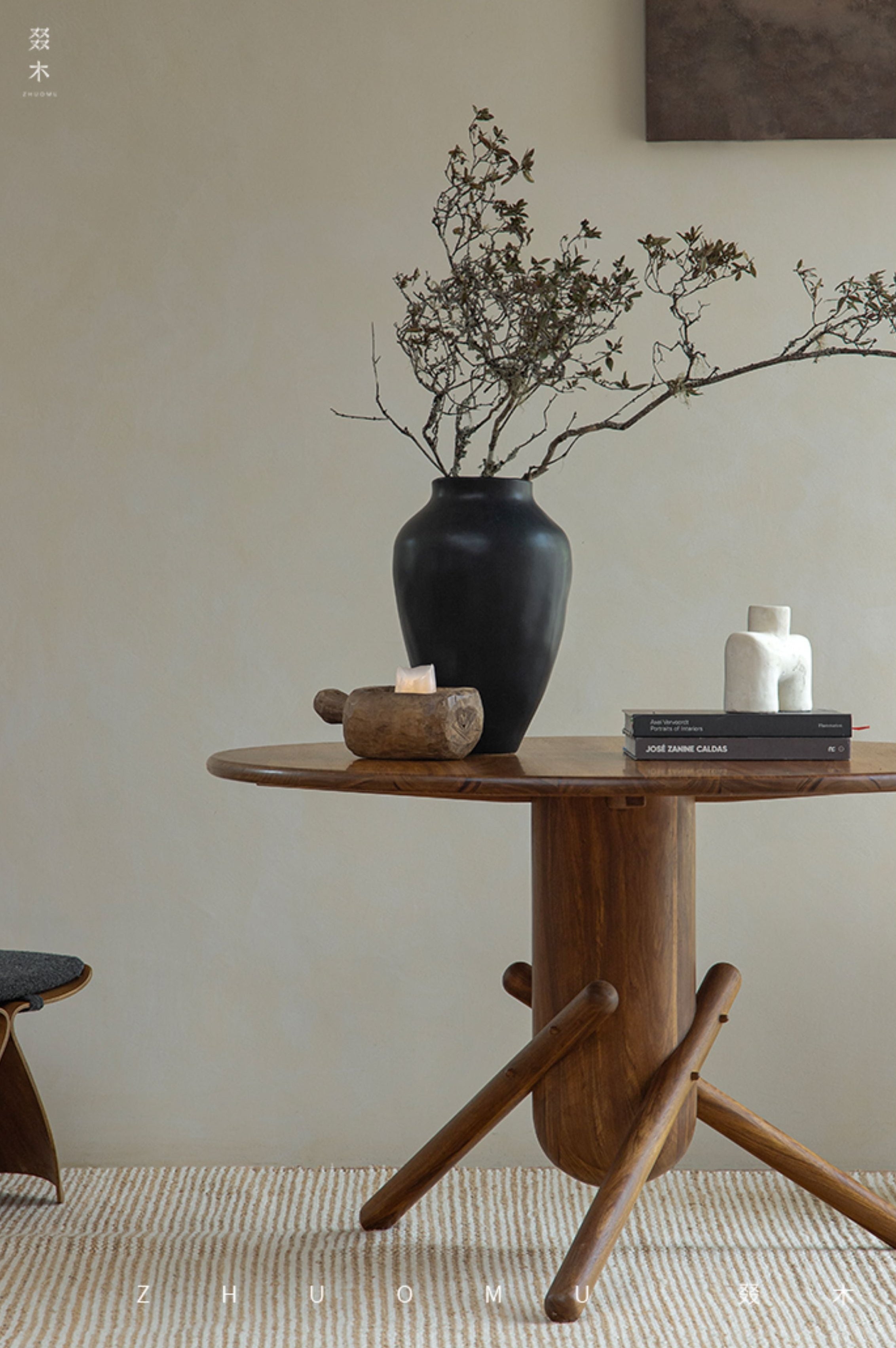 jester round dining table, sculptural dining table, solid wood table, wabi sabi furniture, piexlculpt studio, japanese minimalist furniture, mid century modern table, small space dining, handcrafted wood table, round wooden dining table