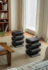 waveform side table, sculptural wooden table, solid wood furniture, organic design, hand-carved table, wabi sabi decor, carbon black furniture, minimalist wood stool, piexlculpt studio