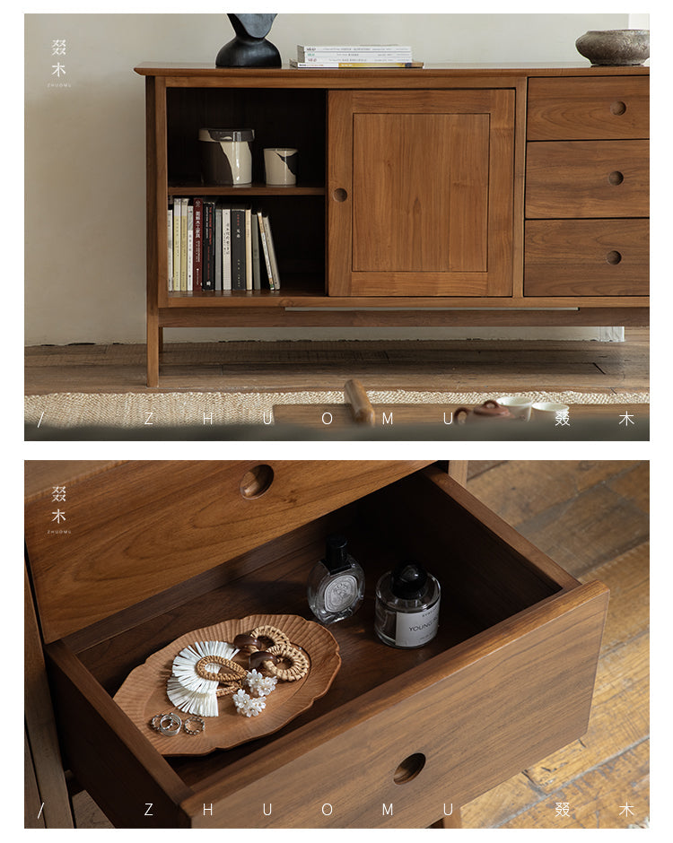 teak sideboard, sliding door buffet, solid wood cabinet, handcrafted teak furniture, minimalist dining storage, artisan wood furniture, wabi-sabi furniture, modern teak buffet, handmade solid wood sideboard