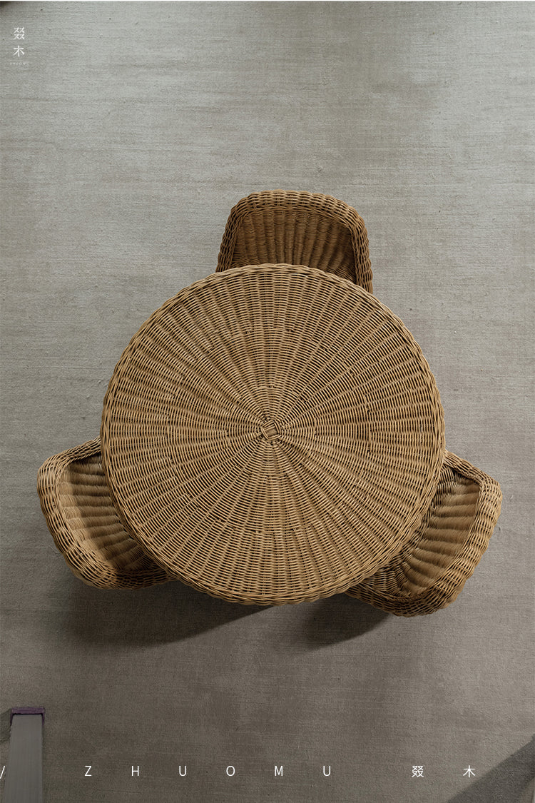 rattan tea set, rattan table and chairs, handwoven rattan furniture, round rattan table, bamboo tea table set, natural rattan decor, japanese tatami furniture, boho rattan furniture, artisan rattan set