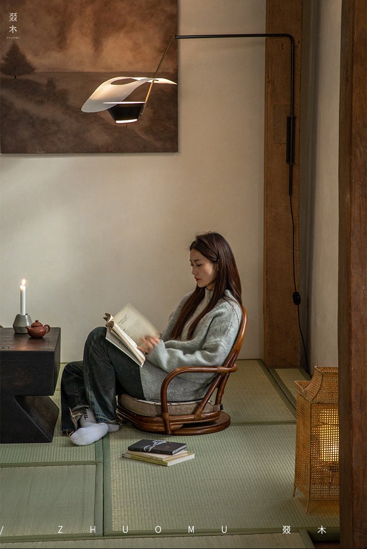 rattan floor chair, tatami chair, rattan swivel chair, handwoven rattan furniture, Japanese floor chair, bohemian interior, tea room seating, handcrafted rattan seat