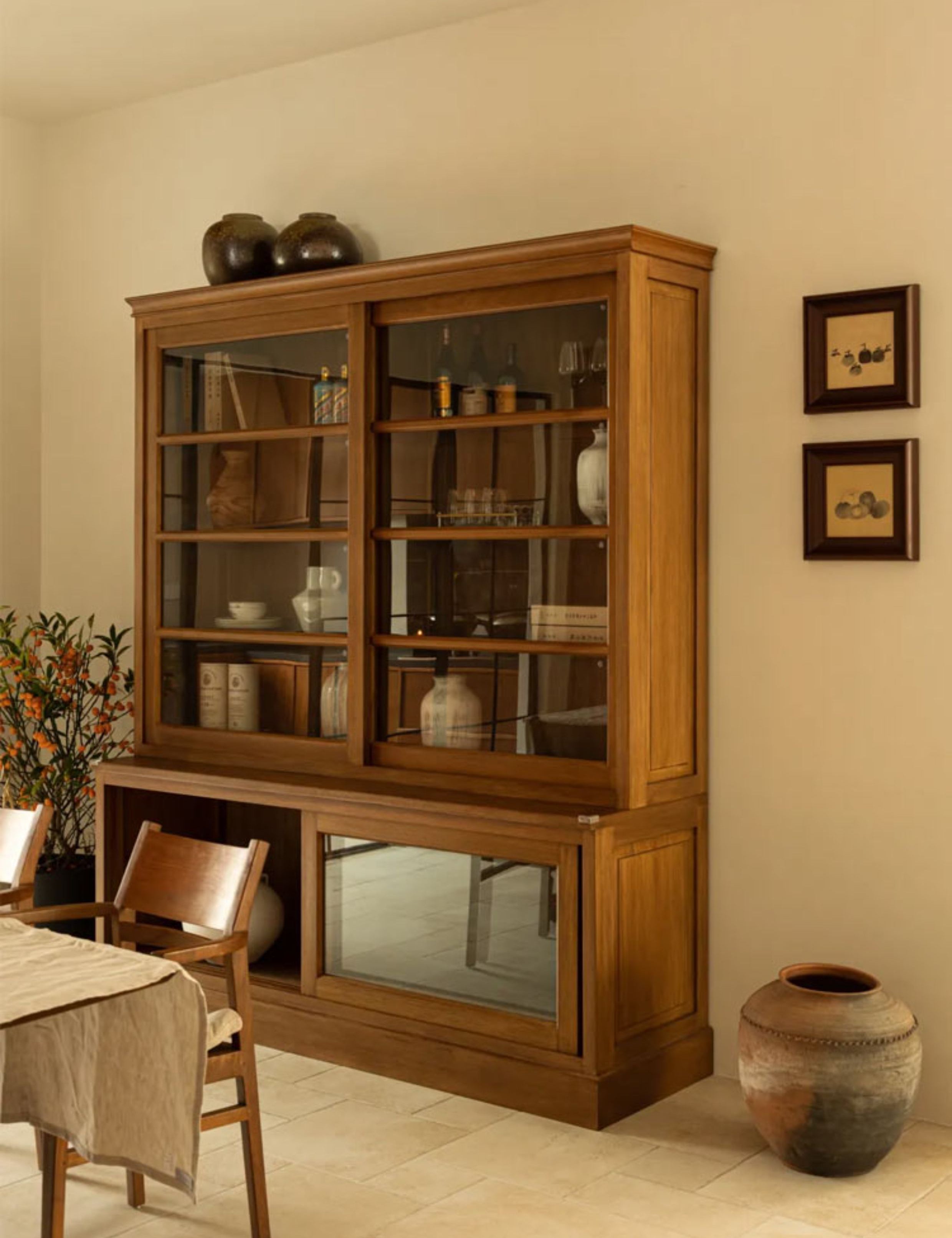 handcrafted wood cabinet, solid wood bookshelf, glass door cabinet, sliding wood cabinet, natural wood furniture, artisan wood furniture, minimalist storage cabinet, wabi-sabi furniture, boho wood shelf