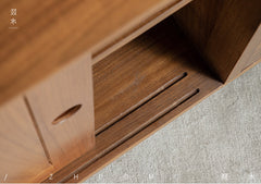 teak sideboard, sliding door buffet, solid wood cabinet, handcrafted teak furniture, minimalist dining storage, artisan wood furniture, wabi-sabi furniture, modern teak buffet, handmade solid wood sideboard